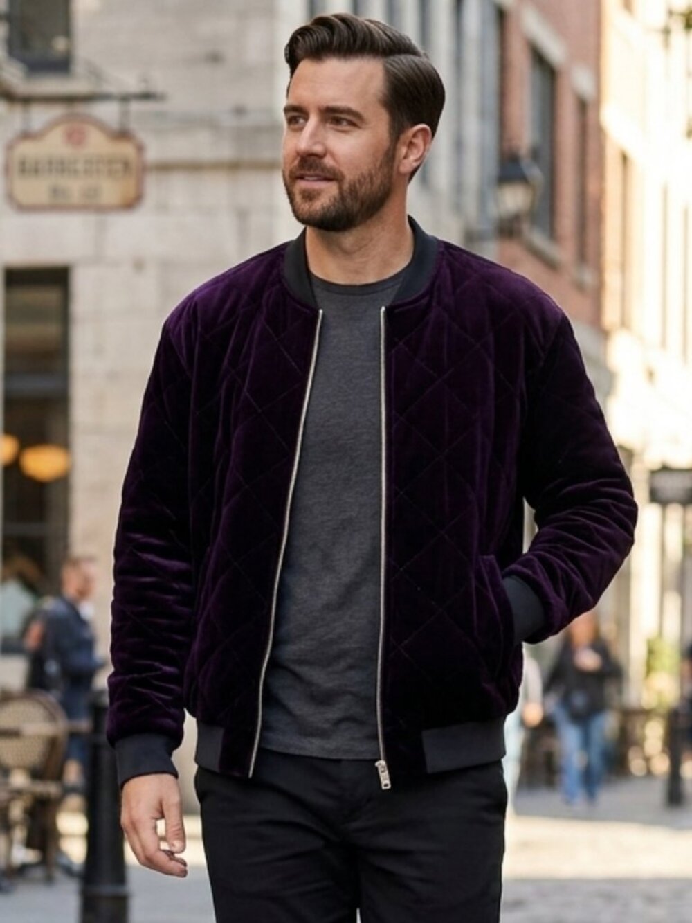Zara Man Purple Quilted Velvet Bomber Jacket with Elasticated Trims, Size L